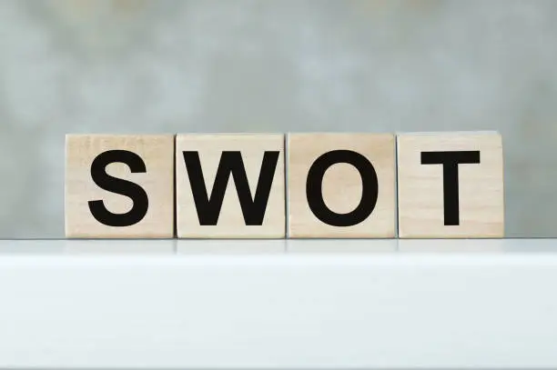 SWOT on wooden cubes on isolated light table