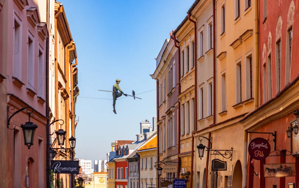 Lublin, Poland - October 31, 2021: A picture of a sculpture of the tightrope walker Jasza Mazur, a fictional character from the \