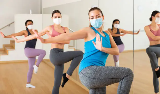 Photo of Young women in protective masks practicing vigorous choreography in dance studio