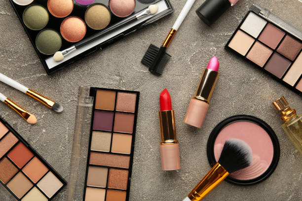 istock Set of decorative cosmetics on grey background. 1356202880