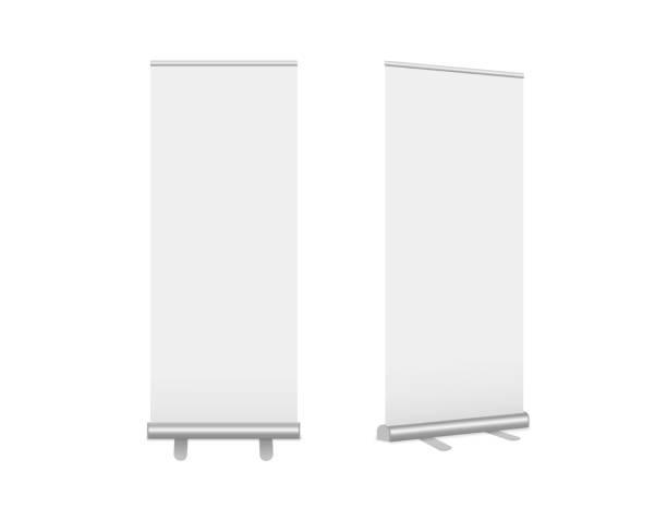 Roll-Up banners set. Vector realistic Mock-up. Vertical templates for branding, conferences, exhibitions, shows. Mobile classic advertising stands on legs isolated on white. EPS10. Roll-Up banners set. Vector realistic Mock-up. Vertical templates for branding, conferences, exhibitions, shows. Mobile classic advertising stands on legs isolated on white. EPS10. banner templates stock illustrations