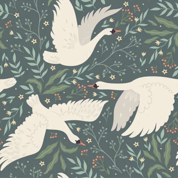 Vector illustration of Seamless pattern with swans and plants. Vector graphics.