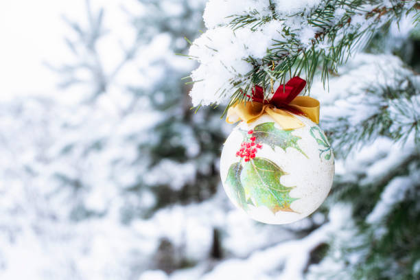 A colorful Christmas ball hung on a snow-covered Christmas tree twig stock photo