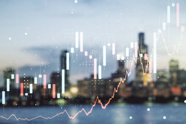 istock Abstract virtual financial graph hologram on blurry skyline background, forex and investment concept. Multiexposure 1356206555
