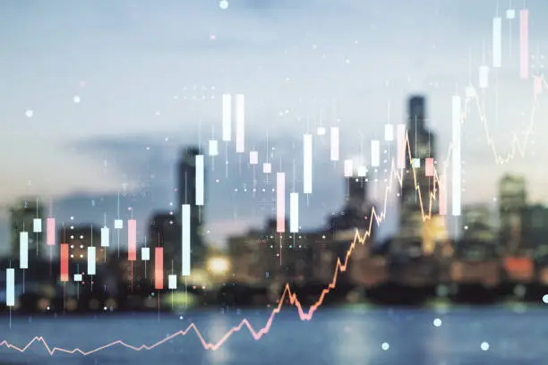 Photo of Abstract virtual financial graph hologram on blurry skyline background, forex and investment concept. Multiexposure