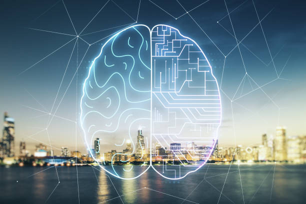 istock Double exposure of creative human brain microcircuit hologram on Chicago office buildings background. Future technology and AI concept 1356206569