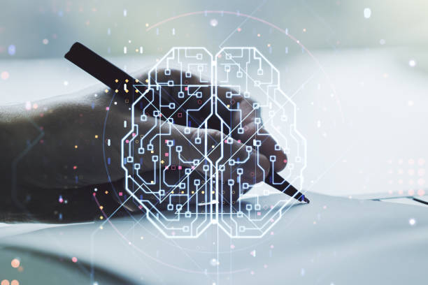 istock Double exposure of creative artificial Intelligence symbol with man hand writing in notebook on background. Neural networks and machine learning concept 1356206595