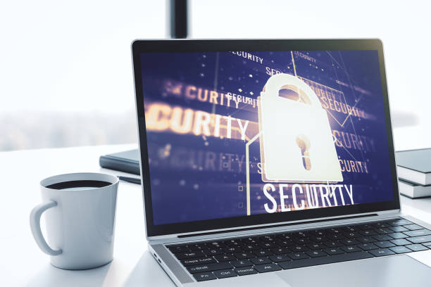 istock Creative idea concept with lock symbol and microcircuit illustration on modern laptop screen. Protection and firewall concept. 3D Rendering 1356206693