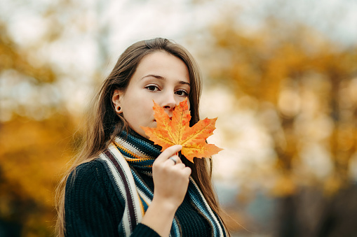 Portrait of young woman holding autumn leaves in her hands. Hiding her face