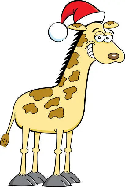 Vector illustration of Cartoon smiling giraffe wearing a Santa Claus hat.