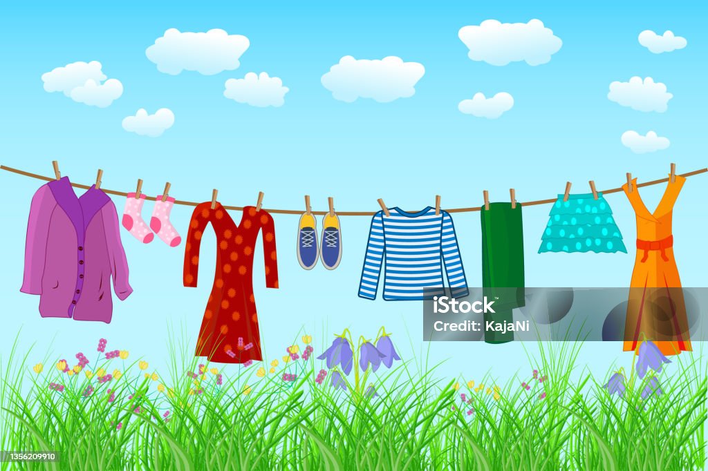 Clothes Hanging On Clothesline Laundry Hang On Rope To Dry On Blue Sky And  Meadow Background Stock Illustration - Download Image Now - iStock