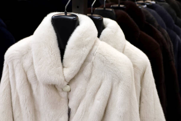 istock Fur coats in a row on a hanger in the store 1356210001