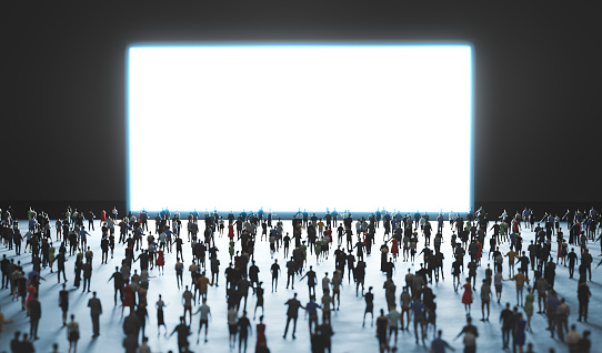 People watch big white screen, display. 3D illustration
