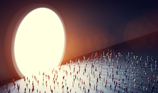 People look at big glowing circle. 3D illustration