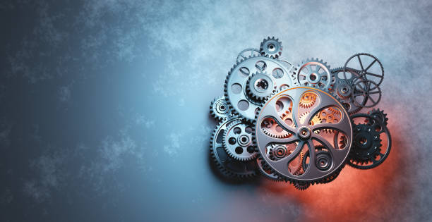 Cog wheels gear mechanism industrial background. 3D illustration