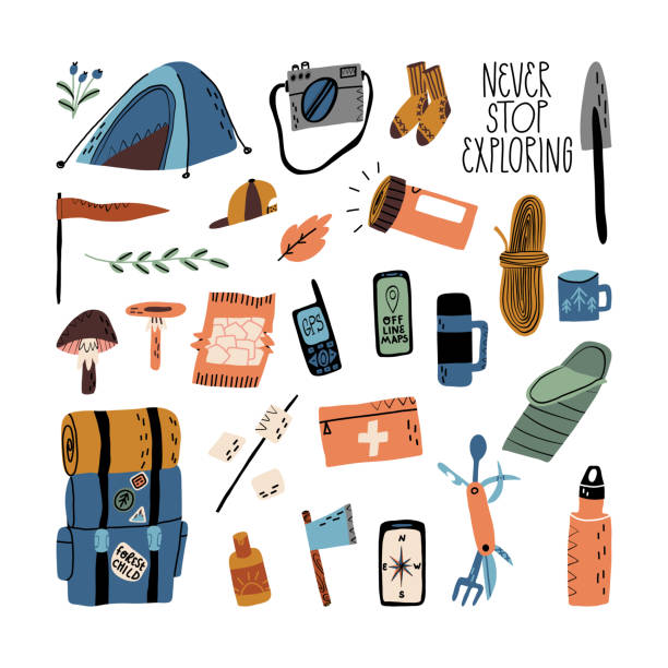 ilustrações, clipart, desenhos animados e ícones de turismo florestal, férias ao ar livre, camping, trekking devem ter definido. mochila, tenda, saco de dormir, kit de primeiros socorros e protetor solar, pá, faca all-in-one, garrafa térmica, gadget de navegação, aplicativo de mapas offline. - sack bag textile rope