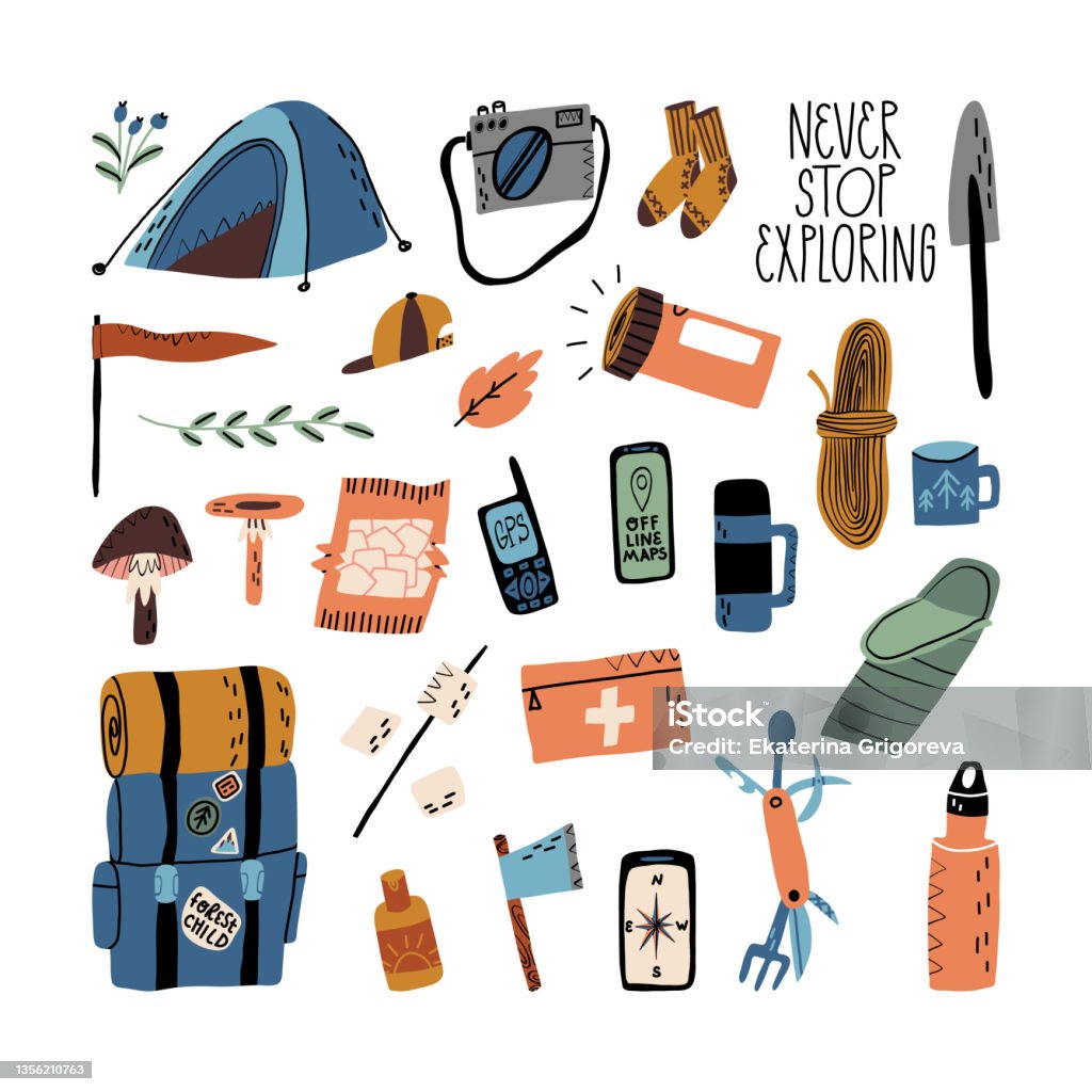carro azafata neutral Forest Tourism Outdoor Vacation Camping Trekking Must Have Set Backpack  Tent Sleeping Bag First Aid Kit And A Sunscreen Shovel Allinone Knife  Thermos Navigation Gadget Offline Maps App Stock Illustration - Download