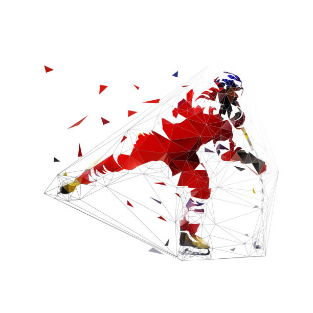 ilustrações, clipart, desenhos animados e ícones de jogador de hóquei no gelo com disco de tiro de camisa vermelha, ilustração de vetor poligonal baixo isolado. forma geométrica - ice hockey hockey puck playing shooting at goal