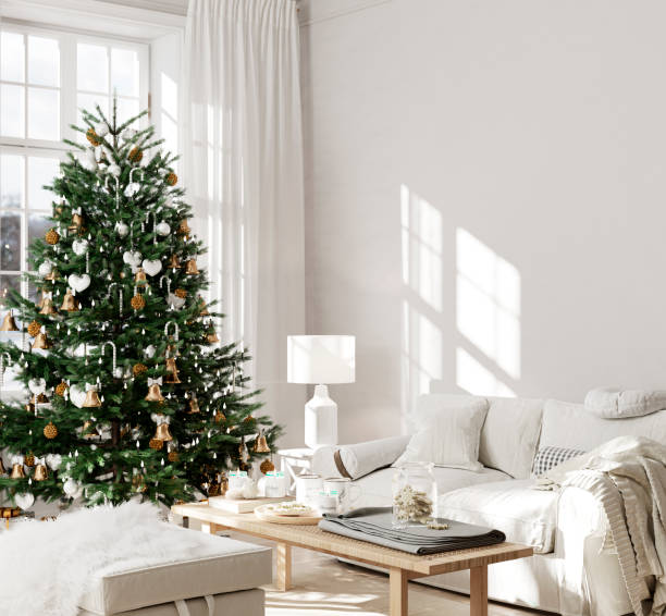 интерьер рождественской гостиной в светлых тонах - indoors living room inside of domestic room стоковые фото и изображения