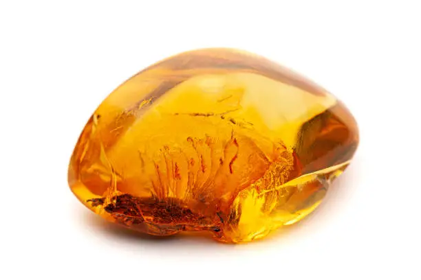 A piece of yellow opaque natural amber classification color Clear Succinite, has superficial cracks on its surface. Polished. Placed on white background.