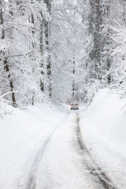 istock Car on a snowy road in the forest 1356213418