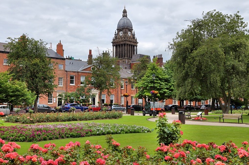 Stock photo showing The Albert Memorial Clock situated at Queen's Square in Belfast, Northern Ireland. The sandstone clock tower was built as a memorial to Queen Victoria's husband after a design competition that was won by architect W. J. Barre.