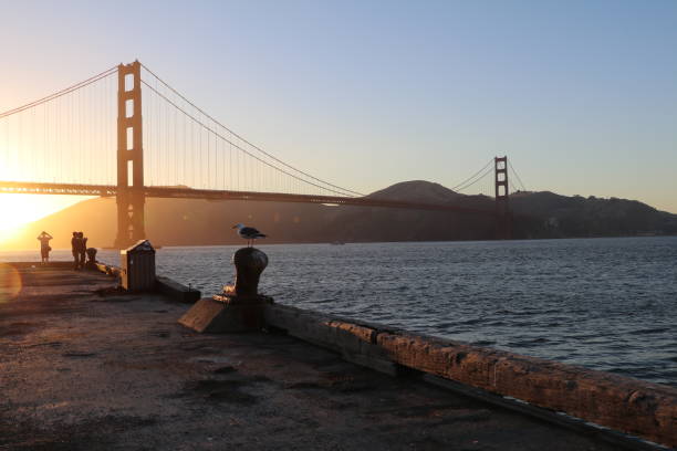 erstaunlicher spaziergang an der golden gate bridge in san francisco, vereinigte staaten von amerika. was für ein wunderbarer ort in der bay area. epischer sonnenuntergang und eine atemberaubende landschaft an einem der berühmtesten orte der welt. davor  - bay bridge san francisco county san francisco bay area landscaped stock-fotos und bilder