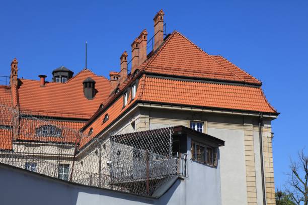 Gliwice city in Poland. Prison in Gliwice - detention center with barbed wire.
