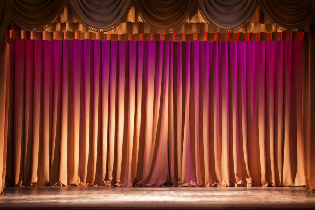 istock illuminated by lights stage with backstage and decorative columns, there is an old grand piano 1356218255
