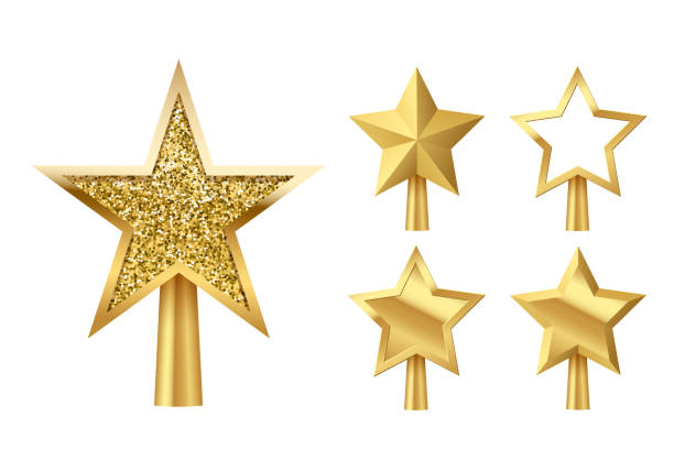 istock Christmas gold tree topper set, 3d star decoration in deco design for top of Xmas tree 1356218626