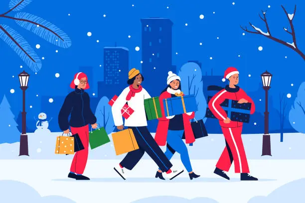 Vector illustration of Happy people with gifts and bags walk along the snowy street. Men and women buying gifts at Christmas sale. Shopping on winter holidays. Cityscape background. Vector illustration.