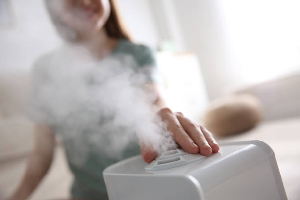 istock Woman using modern air humidifier at home, closeup 1356223165