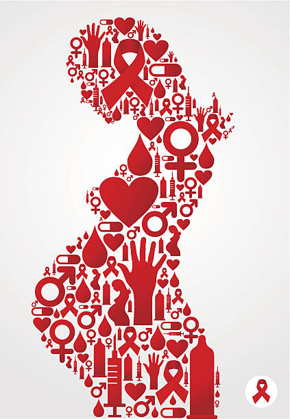 pregnant woman silhouette with aids icons - world aids day stock illustrations