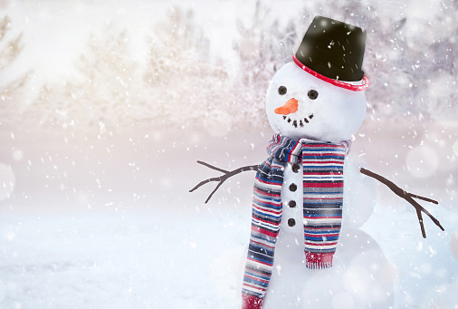 Happy smiling snowman with scarf and hat in winter landscapes. Copy spaces. Empty place for your message. Selective focus. Christmas, New Year, winter concept.