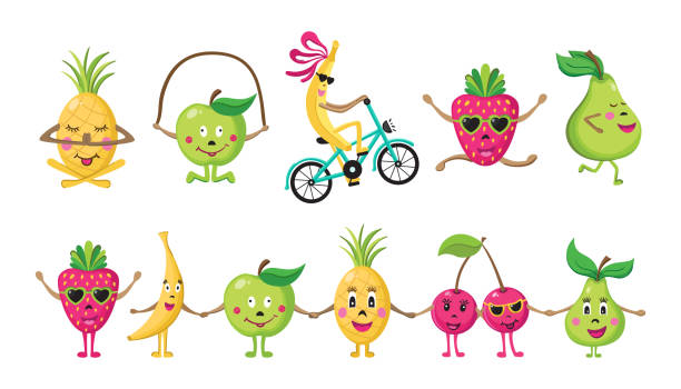ilustrações de stock, clip art, desenhos animados e ícones de collection of painted cartoon fruits doing sports - cartoon food running turnip