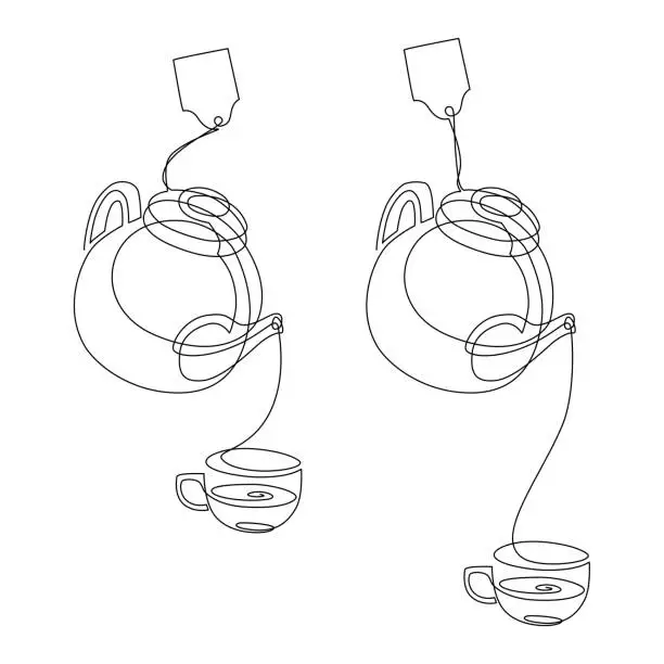 Vector illustration of Tea drinking. Tea is poured into a cup. Continuous line drawing. Vector illustration.