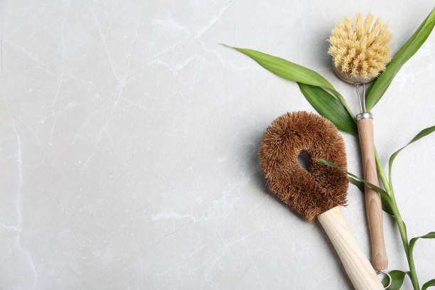 istock Cleaning brushes and plant on grey table, flat lay with space for text. Dish washing supplies 1356228996
