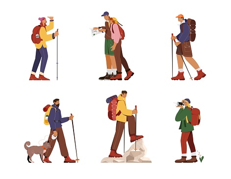 Set of people characters men and women doing hiking and trekking. Vector illustration, outdoor activity