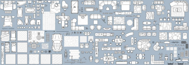 ilustraciones, imágenes clip art, dibujos animados e iconos de stock de iconos de plano de planta establecidos para el diseño de proyectos interiores y arquitectónicos (vista desde arriba). icono de línea delgada de muebles en la vista superior para el diseño. plano apartamento. vector - architect computer icon architecture icon set