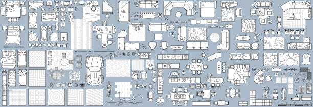 bildbanksillustrationer, clip art samt tecknat material och ikoner med floor plan icons set for design interior and architectural project (view from above). furniture thin line icon in top view for layout. blueprint apartment. vector - interior objects handdrawn