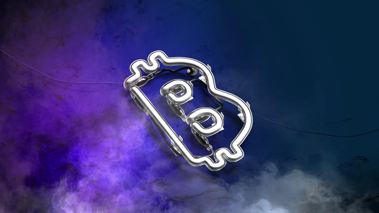 Neon blue bitcoin sign on stone wall, looped switch