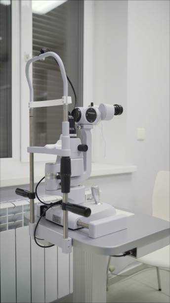 istock Spacious case. Tall complicated device for intense ophthalmology diagnoses made of metal and plastic Apparatus for the diagnosis of vision 1356232191