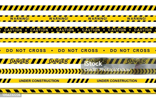 istock Set of seamless yellow and black warning tapes with text do not cross, warning, caution isolated on white background. Police insulation line, signs of danger. Barricade construction tape. Vector 1356232226