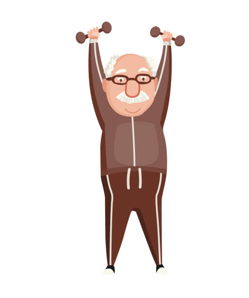 Old people exercises. Healthy active lifestyle of older male. Elderly people doing morning gymnastic. Old man doing exercises with dumbells Old people exercises. Healthy active lifestyle of older male. Elderly people doing morning gymnastic. Old man doing exercises with dumbells. cartoon of the older people exercising gym stock illustrations