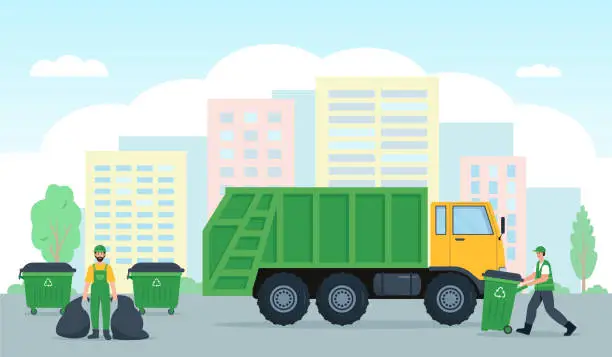 Vector illustration of Garbage collection, Waste recycling and transportation in city.