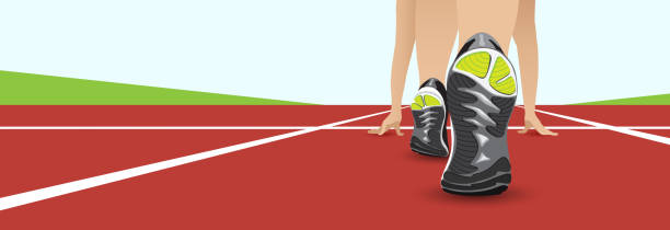 Runner waiting for start banner Close up view on athlete runner starting at white start line on a red stadium road. Sole of trainer shoes. Concept of the beginning, healthy lifestyle, sport or carrier goals. Horizontal vector banner. tinea stock illustrations