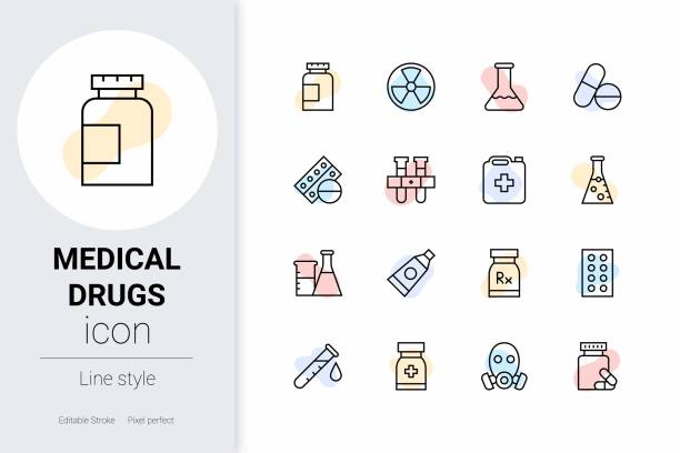 Medical Drugs, thin line vector icon set. Medical Drugs, thin line vector icon set. Pixel perfect. Editable outline stroke. laboratory shaker stock illustrations