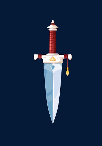 Magical cartoon steel dagger blade, vector weapon of game interface, ui or gui design. Fantasy sword, dagger, sabre or knife with yellow gemstone or crystal and hilt, braided with leather cord