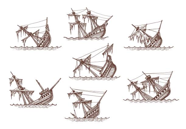 illustrazioni stock, clip art, cartoni animati e icone di tendenza di schizzi di navi brigantine a vela affondate, naufragio - storm sailing ship sea shipwreck