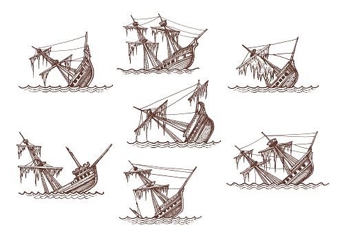 Sunken sailing brigantine, brig, corvette and frigate ship sketches, shipwreck vector vintage map elements. Isolated broken sailing ships or sailboats with sea waves, damaged sails and masts